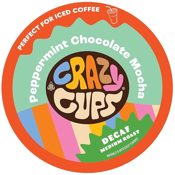 Crazy Cups Decaf Flavored Coffee Pods, Peppermint Chocolate Mocha, Decaffeinated Coffee for Keurig K Cups Machines, Hot or Iced Coffee, Decaf Coffee in Recyclable Pods, 22 Count (Pack of 1)