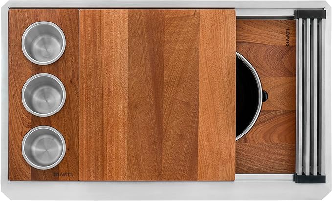 Ruvati 33-inch Rounded Corner 16 Gauge Stainless Steel Workstation Sink - Modern Two-Tiered Ledge Undermount Kitchen Sink, Perfect for Stainless Steel Sink Kitchens - RVH6222ST