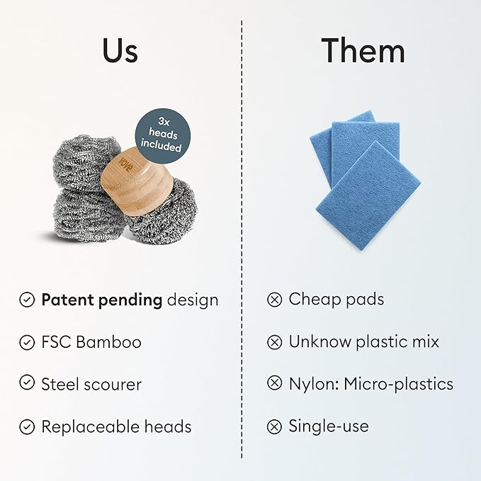 Vove Magnetic Scourer, Stainless Steel Scrubber with FSC-Certified Bamboo Handle, 3 Replacement Pads, Neodymium Magnet, for Cast Iron, Pots & Pans, Griddles, Grills, Plastic-Free Eco-Friendly Cleaner