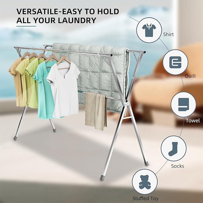 Clothes Drying Rack,Heavy Duty Stainless Steel Garment Rack,Adjustable and Foldable Laundry Drying Rack for Indoor Outdoor Drying Rack Clothing with 20 Windproof Hooks (Silver, 79")