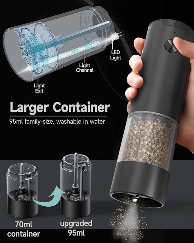 Electric Salt and Pepper Grinder Set: - Battery Powered Pepper Mill Automatic Salt Shakers Adjustable Coarseness White Light One Hand Operation Storage Base
