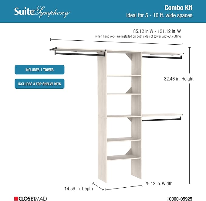 ClosetMaid SuiteSymphony 25-Inch Closet System Tower with (3) Hanging Rods, and (3) Top Shelves, White Timber