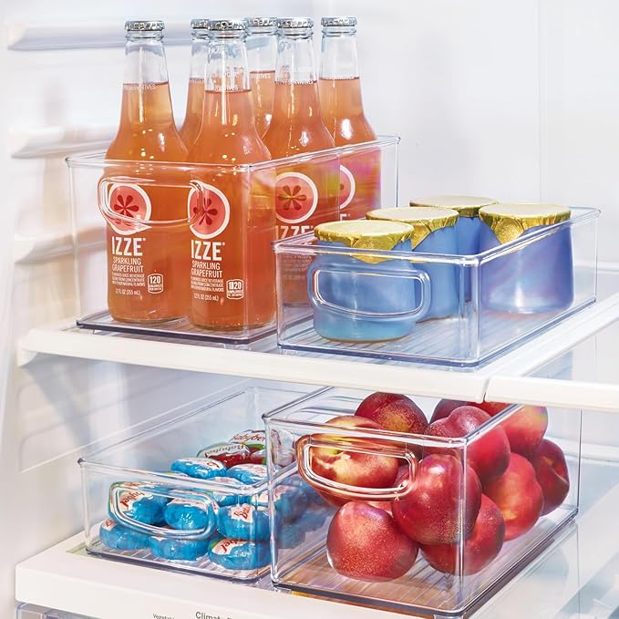 InterDesign iDesign Plastic Fridge and Freezer Organizer Bin with Integrated Handles – 10” x 5” x 6”, Clear (Pack of 4)