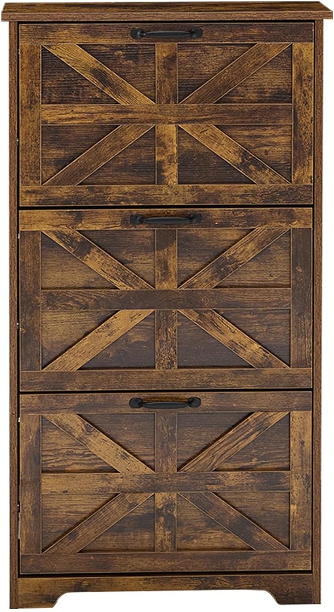 Shoe Storage Cabinet with Bench, Farmhouse Shoe Organizer with Barn Door Design, Space-Saving Hidden Narrow Shoe Rack Cabinet for Entryway, Hallway & Foyer, Brown