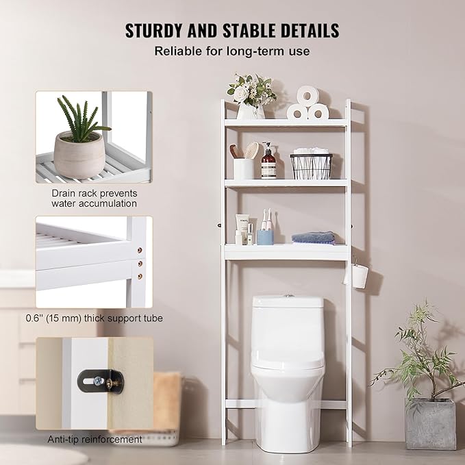 VEVOR Over The Toilet Storage, 3-Tier Adjustable Over Toilet Bathroom Organizer, Bamboo Storage Shelf Rack with 3 Hooks, Freestanding Easy Assembly Laundry Space Saver, Fit Most Toilets, White