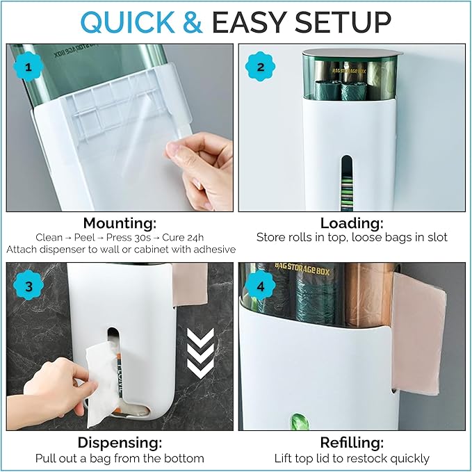 Plastic Grocery Bag Dispenser & Organizer – Wall/Under-Sink Trash Bag Holder for Rolls & Loose Bags – Adhesive Mount – Slim Space Saver for Kitchen, Pantry