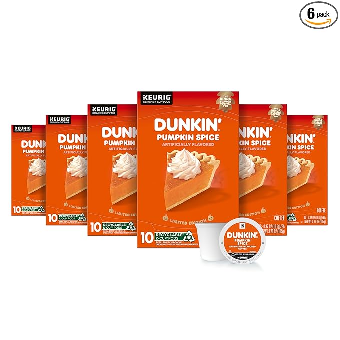 Dunkin’ Pumpkin Spice Coffee, Limited Edition Fall Coffee, K Cup Pods , 10 Count Boxes (Pack of 6)