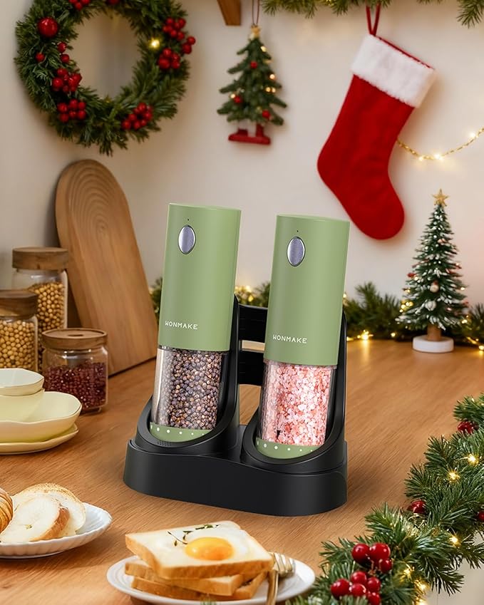 Electric Salt and Pepper Grinder Set - Automatic Refillable Salt and Pepper Grinders with Charging Base & LED Light, 6-Level Adjustable Coarseness with External Dial, Ideal Kitchen Gadget，Green