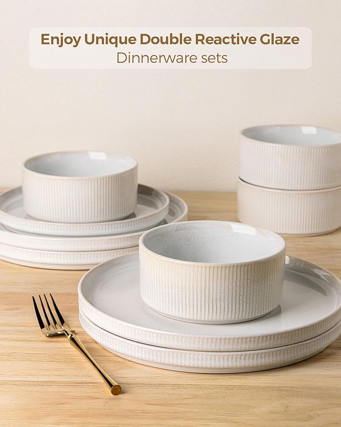 GBHOME Stoneware Dinnerware Sets for 6,Round Reactive Glaze Ceramic Plates and Bowls Set,Highly Scratch Resistant | Dishwasher & Microwave Safe Dishes Set,Service for 6(18Pcs),Sugar White