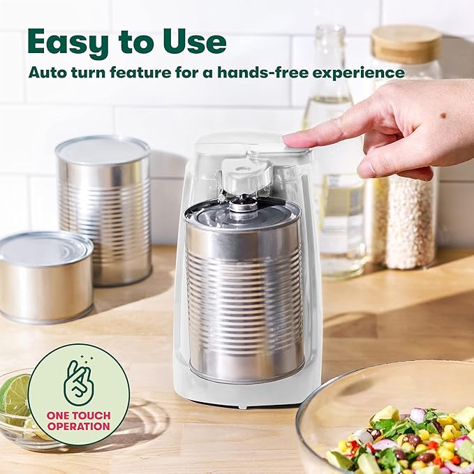 bella Electric Can Opener and Knife Sharpener, Removable Cutting Lever, Cord Storage, Stainless Steel Blade, White