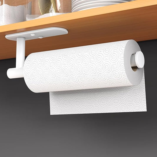 HUFEEOH Adhesive Paper Towel Holder Under Cabinet Wall Mount for Kitchen Paper Towel, Stainless Steel Paper Towel Roll Rack for Bathroom Towel (Thick, White)