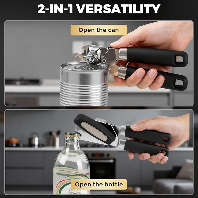 Heavy Duty Smooth Edge Manual Can Opener, Easy Grip Soft Handle with Oversized Turn Knob, Rust-Proof Stainless Steel Kitchen Tool & Bottle Opener, Black
