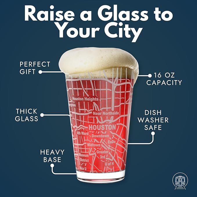 Greenline Goods – Houston, TX Map Pint Beer Glasses (Set of 2), 16 oz – Etched Wrap Design