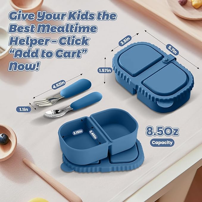 Silicone Snack Containers for Kids (8.5Oz, 2-Compartment)+ Kids Silicone Cutlery Set (Spoon and Fork) - BPA Free, Leak Proof, Great for Toddler/Kid/Adult Meal Prep Containers (blue)