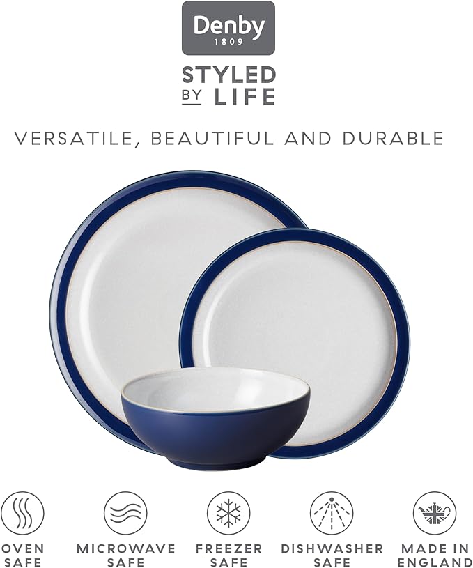 Denby - Elements Dark Blue 3 Piece Set For 1 - Contemporary One Person Ceramic Tableware - Dishwasher & Microwave Safe, Scratch Resistant Stoneware - Includes 1 x Large Plate, Side Plate & Cereal Bowl