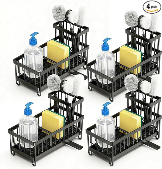 Sponge Holder for Kitchen Sink: 4 Pack Sink Caddy Organizer Complete with High Brush Holder & Auto Drain Tray, Stainless Steel Countertop Storage for Soap Dispenser & Dish Brush, Fast Local Shipping
