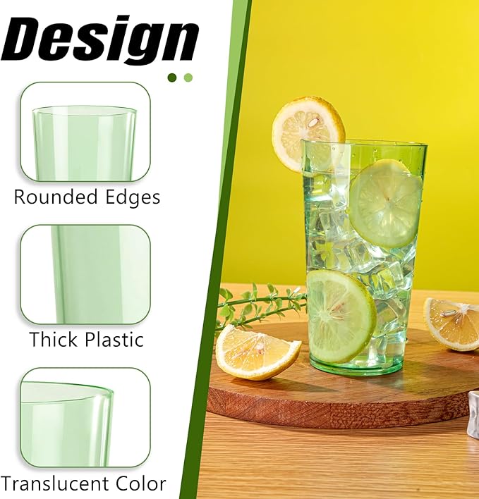 Liacere Plastic Drinking Glasses (Set of 12) 18oz Highball Green Reusable Plastic Glasses Colors，Kitchen Water Glasses Cup, Bar Tumbler Glassware Set for Beer, Juice, Cocktail, Whiskey, Milk