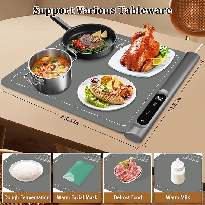 Upgrade Graphene Warming Mat for Food, Rapid Heating Food Warming Mats for Countertop with 6 Temps & Timer Settings, Portable Electric Warming Tray for Buffets Party, Gray