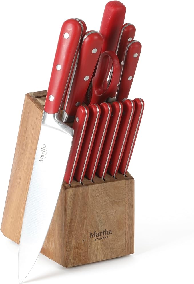 MARTHA STEWART Eastwalk 14 Piece High Carbon Staineless Steel Cutlery Knife Block Set w/ABS Triple Riveted Forged Handle Acacia Wood Block - Red