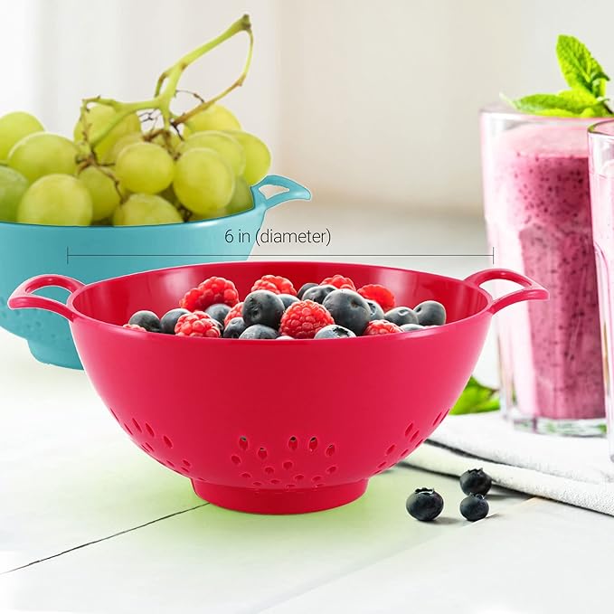 Meadow Lane 6-inch Small Colander, BPA-Free, Dishwasher Safe, Double Handles, Compact Food Strainer for Berries, Veggies and Pasta, 3-Cup Capacity, Red and Blue, 2-Pack