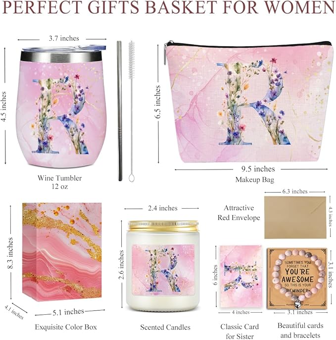 Personalized Gifts Monogrammed Birthday Gifts for Women, Mommy, Female Going Away Farewell Christmas, Initial Wine Tumbler Makeup Bag Scented Candle Bracelet Set, (Aesthetic Pink Flower R)