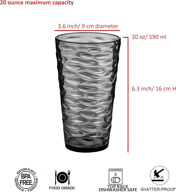 14-ounce and 20-ounce Plastic Tumblers, Acrylic Drinking Glasses, set of 8 Gray Reusable Plastic Cups, Stackable, BPA-Free, Shatter-Proof, Dishwasher-Safe