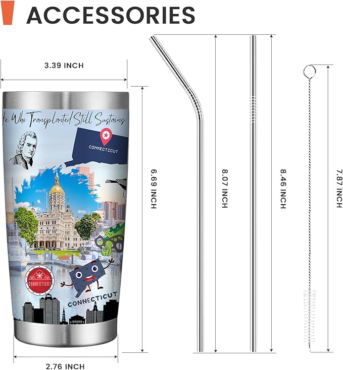 20oz Insulated Tumbler Connecticut State Coffee Mug, United States Map Travel Mug Landmark, Birthday Gifts Cute Custom Tumbler Cups with Lid and Straw Mothers Day Gifts