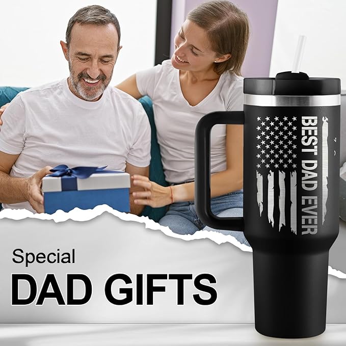 Dad Gifts Christmas Gifts for Dad Best Dad Ever Gift from Daughter Son Kids Wife Father Birthday Gift Ideas 40oz Travel Cup Insulated Tumbler with Handle & Straw