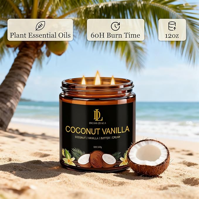 Coconut Vanilla Scented Candle, 12oz 60 Hour Long Lasting Candles, Large 3 Wick Natural Soy Candles for Home Scented, Candle Gifts for Women Men