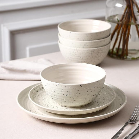 Stone Lain Dua 24-Piece Dinnerware - Stoneware, Plate and Bowls, Dishwasher and Microwave Safe, Dish Set for 8, White