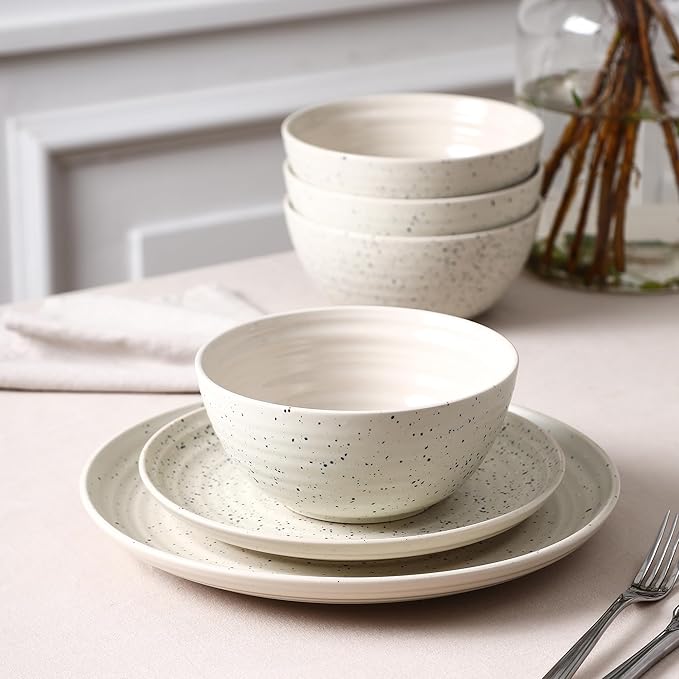 Stone Lain Dua 12-Piece Dinnerware - Stoneware, Plate and Bowls, Dishwasher and Microwave Safe, Dish Set for 4, White