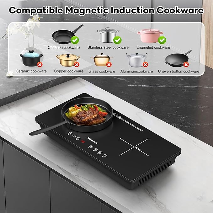 1800W Portable 2 Burner Countertop Electric Stove with Touch Control, Cross-Line Panel Design, 8 Power Levels, Timer, Safety Lock, Compatible with Magnetic Cookware