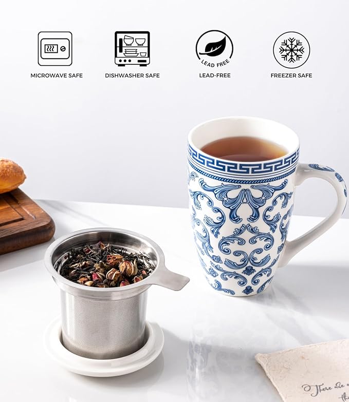 AmorArc Porcelain Tea Mug with Infuser and Lid, 18 Oz Tea Cup with Handle for Loose Leaf Tea, Gift for Tea Lovers of Men and Women