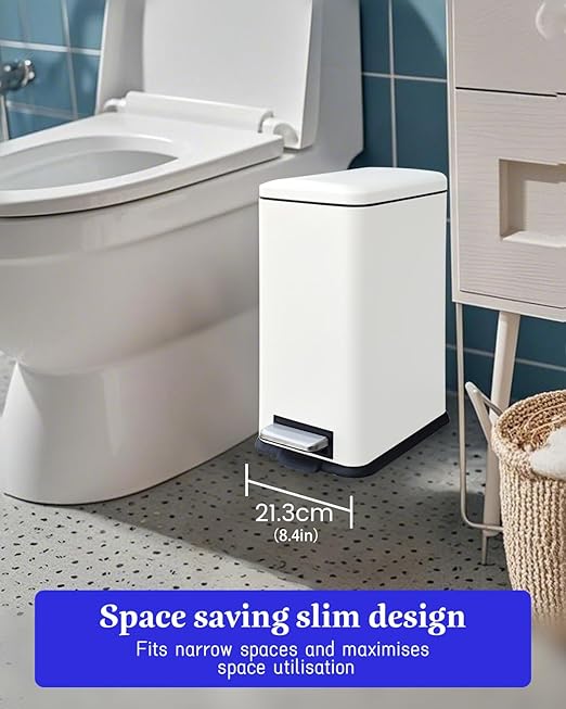 Large Bathroom Trash Can, 16.7L/ 4.4 Gallon Trash Can with Removable Wastebasket, Hand Free Garbage Can with Soft close Lid, Stainless Steel Skinny Trash Bin for Bedroom, Home Office, White