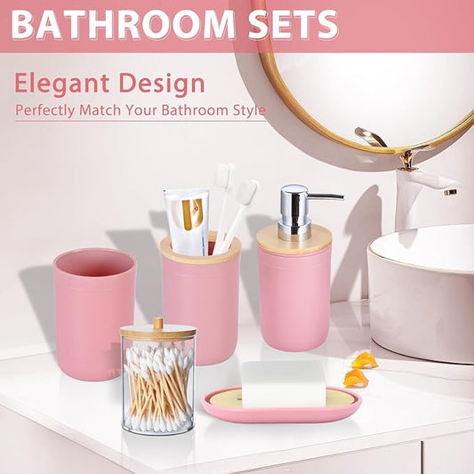 iMucci Bathroom Accessories Set 5Piece Pink Bathroom Sets, Toothbrush Holder, Toothbrush Cup, Lotion Soap Dispenser, Soap Dish and Qtip Holder Bathroom Decor