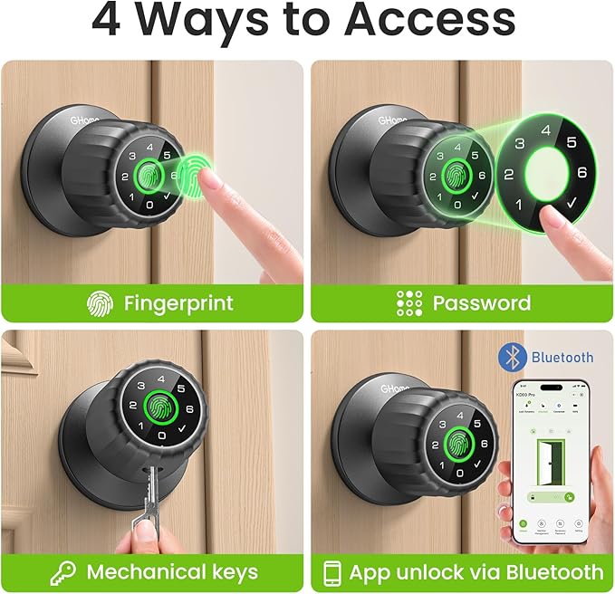 GHome Smart Fingerprint Door Lock, 4-in-1 Fingerprint Door Knob with Keypad, App Control, Keys, Removable & Rechargeable Battery, Door Locks for Bedroom, Home, Garage, Storage Room