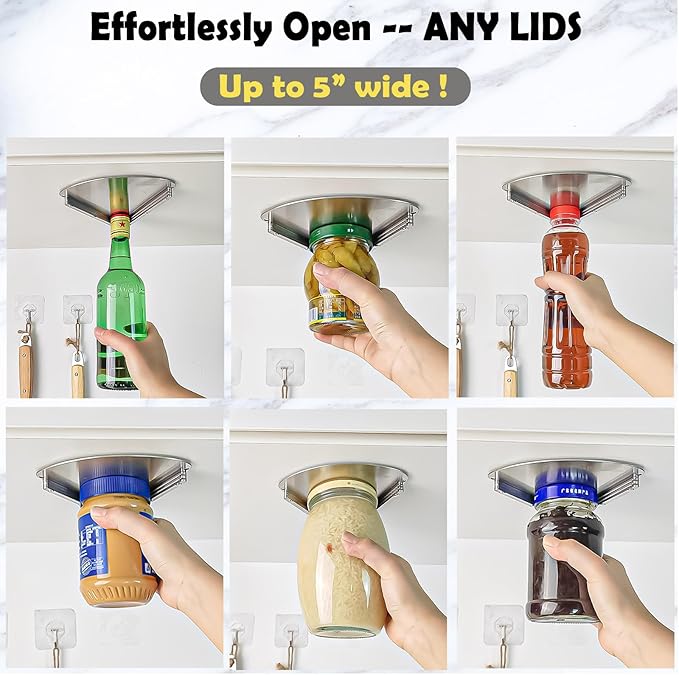 Upgraded Stainless Steel Jar Opener for Seniors, Under Cabinet Jar Openers for Weak Hands, Jar Lid & Bottle Cap Opener Tool, Under Counter Can Opener, One Handed Jar opener