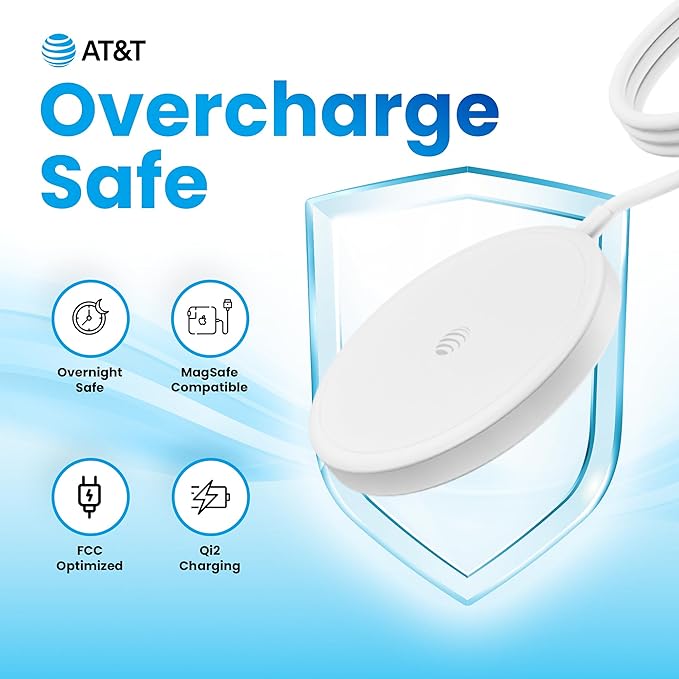AT&T Qi2 Magnetic Charging Pad – Compact MagSafe Compatible Wireless Charger for iPhone 16/15/14 & Apple Watch – Built-in 4ft USB-C Cable – Nightstand & Travel Ready – White