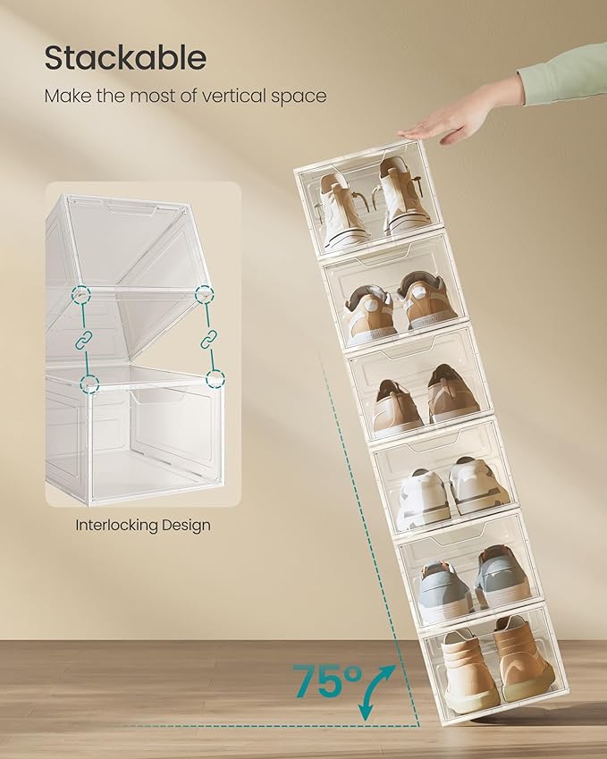 SONGMICS Shoe Boxes, Clear Shoe Organizers, Set of 6, Plastic Shoe Storage with Clear Door, Easy Assembly, up to US Size 13, Transparent White ULSP032W06