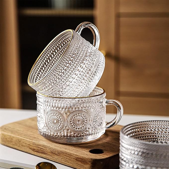 Vintage Glass Coffee Mugs 14 Oz Set of 2 Clear Embossed Tea Cups, Glass Coffee Cups for Cappuccino, Cereal, Yogurt, Latte, Beverage Christmas Thanksgiving Gifts