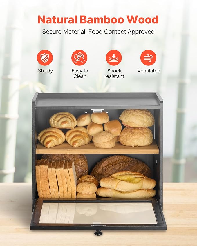 VEVOR Double Layer Bread Box for Kitchen Counter, Large Capacity Bamboo Bread Storage Container, Farmhouse Wooden Breadbox for Homemade Bread, Storage Holder Bin with Acrylic Wavy Door Panel, Black