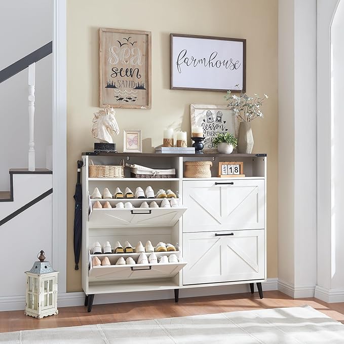 Shoe Storage Cabinet,Farmhouse Shoe Organizer with 4 Flip Drawers & Barn Door Design,Freestanding Hidden Slim Narrow Shoe Rack with Open Shelves for Entryway,Foyer,Hallway,Antique White