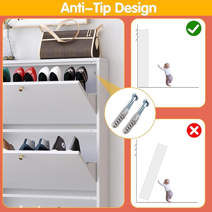 Shoe Cabinet with 3 Flip Drawers, Narrow Shoe Storage Cabinet, Farmhouse Shoe Organizer, Freestanding Organizer with Metal Legs for Entryway, Foyer (3 Door, White)