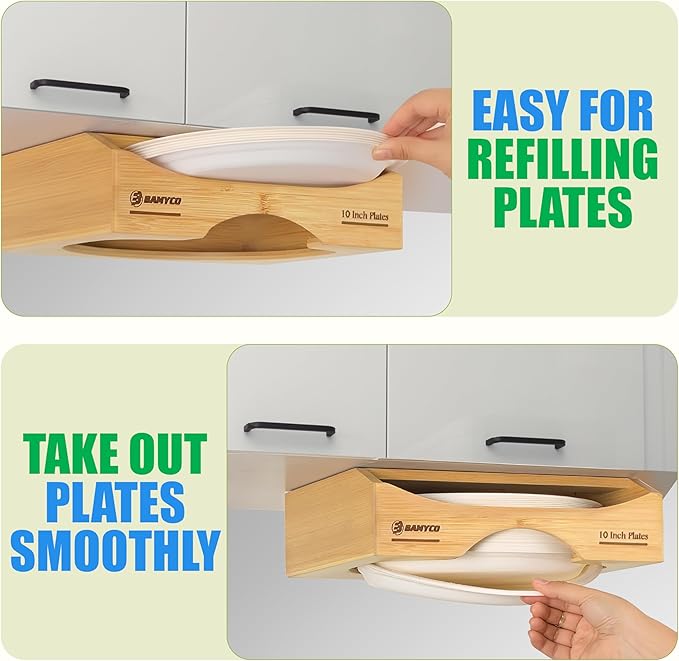 Bamboo Paper Plate Dispenser Under Cabinet for 10 Inch Paper Plates - Plate Organizer for Cabinet – Storage Paper Plate Holders for Kitchen organizer and Plastic Dinner Plates Disposable