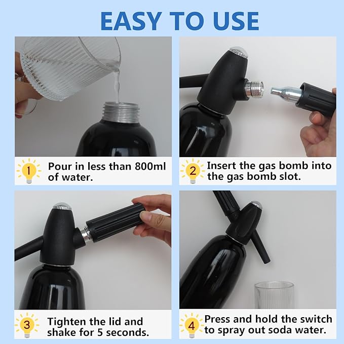 Soda Siphon, 1L Portable Soda Maker Carbonated Water Maker Machine, with Ice Cube Mold, Sparkling Water Maker for Homemade Soda Water, Cocktails, DIY Sparkling Drinks, (Not Included CO2 Cartridges)