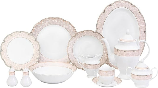 Dinnerware Set for 8-49 Piece Vintage Porcelain Dining Set - Gorgeous White and Pink Floral Design - Plates, Bowls, Cups and Saucers - For Everyday Dishes and Formal Occasions (Sandra Pink 2049)