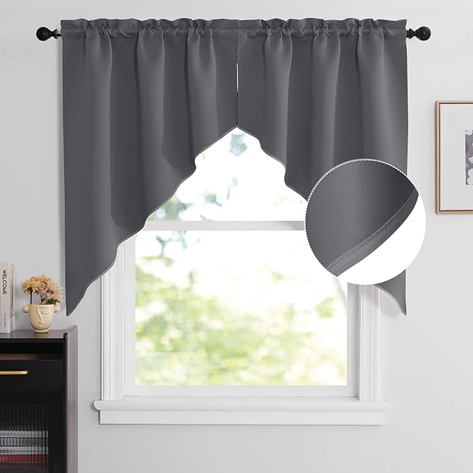 NICETOWN Rustic Kitchen Swag Curtain Valances, Breathable Rod Pocket Blackout Window Tiers, Soft Farmhouse Window Decor for Cafe, Living Room (2 Panels, Grey, Each Panel 36" Wide x 45" Long)