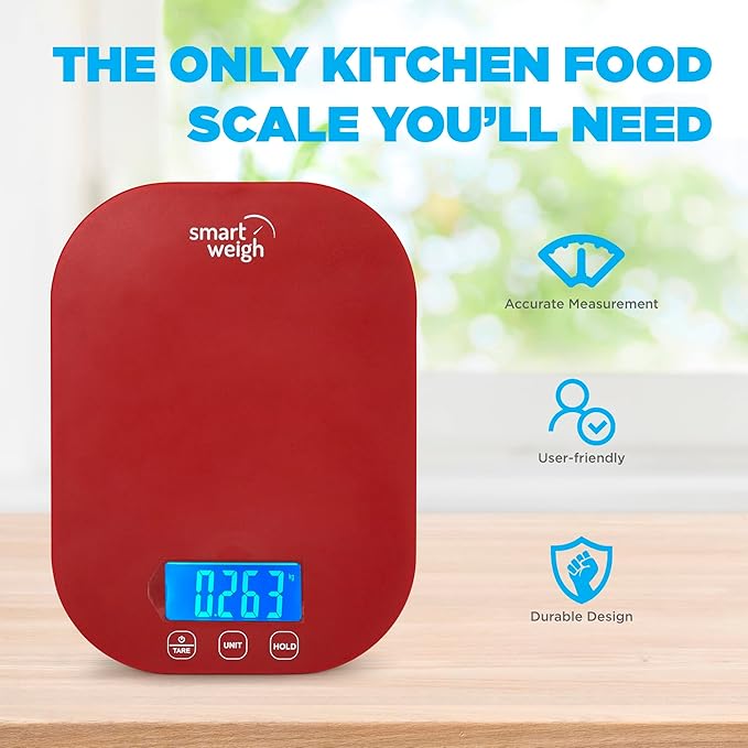 Smart Weigh Red Digital Kitchen Scale for Cooking, Weight Loss, Calorie Tracking, Baking, Food Portion Control, and Meal Prep - Accurate Measurements in Grams and Ounces