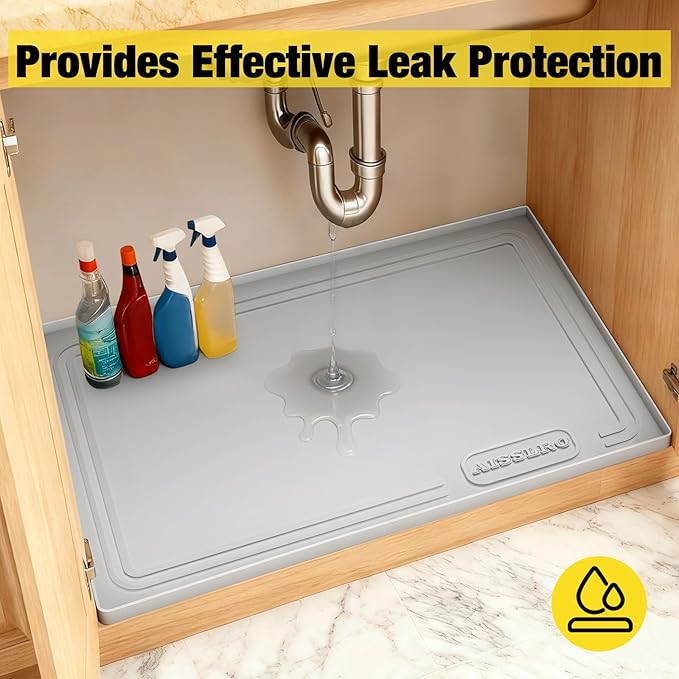 Under Sink Mat 28" X 19", Waterproof Silicone Under Sink Mats for Kitchen, Anti-Leak Shelf Liner & Cabinet Protector with Raised Edge, [BPA Free] Bathroom Tray Home Organizer, Light Grey