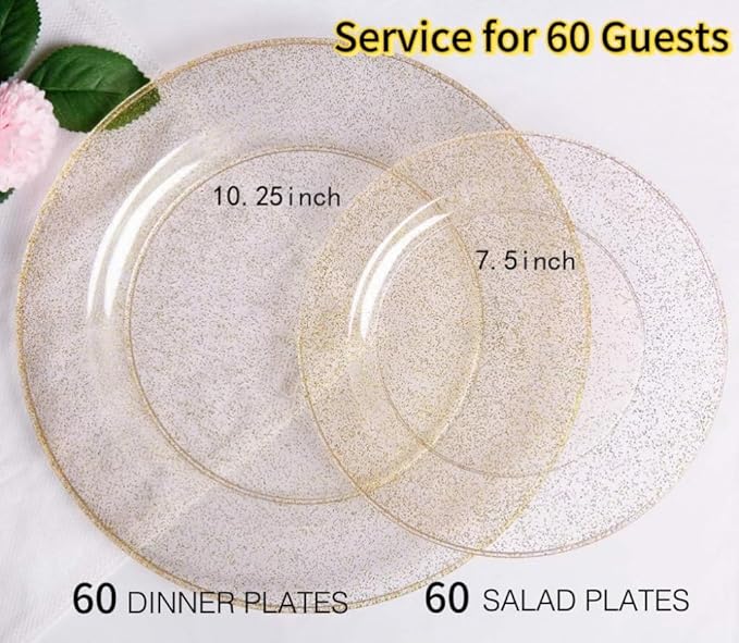 WDF 120PCS Gold Plastic Plates- Disposable Gold Glitter Plates, Premium Heavy Duty 60-10.25" Dinner Plate and 60-7.5" Salad Plate for Christmas Parties &Wedding